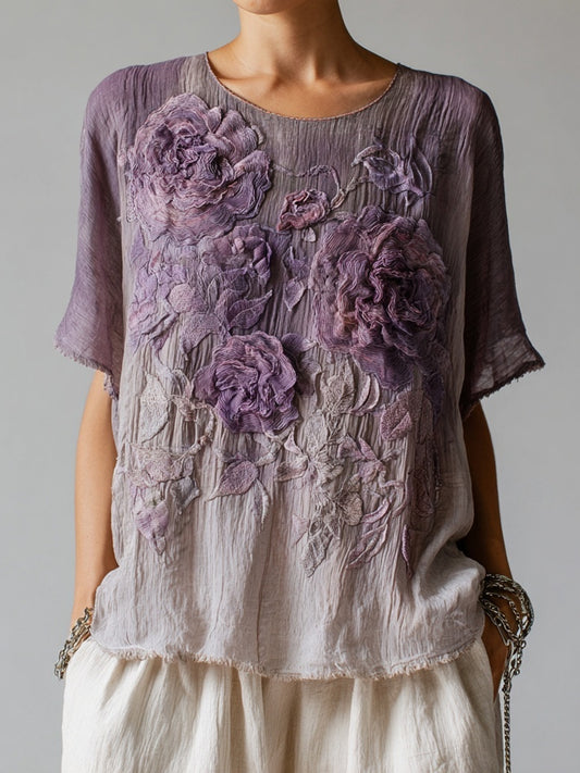 Vintage Purple Floral Embroidered Gradient Linen Shirt artswardrobe