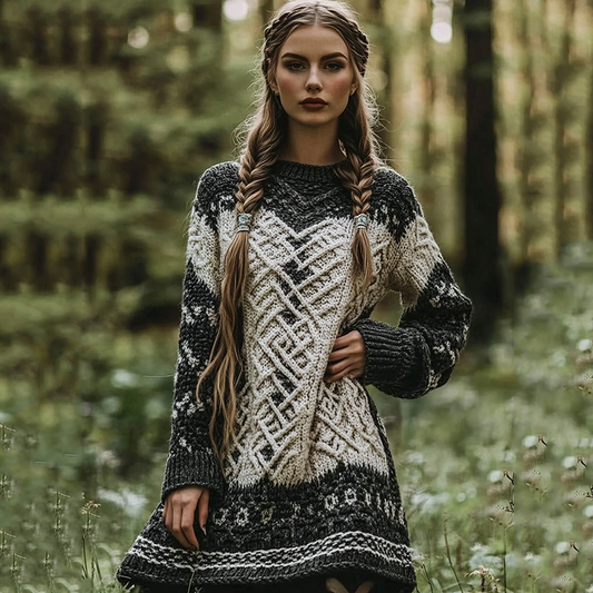 Vintage Viking Celtic Contrast Cozy Chunky Cozy Sweater Dress elevenforest