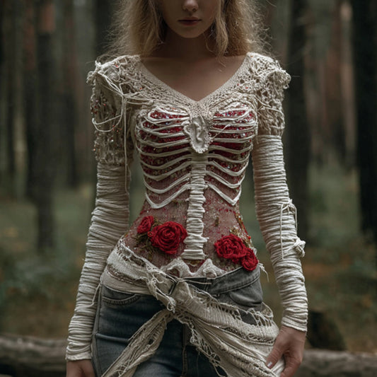 Women's Halloween Skeleton Rose Bandage V-neck Sweater artswardrobe