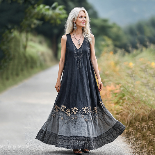 Retro Boho Floral Embroidery Art Sleeveless Linen Maxi Dress artswardrobe