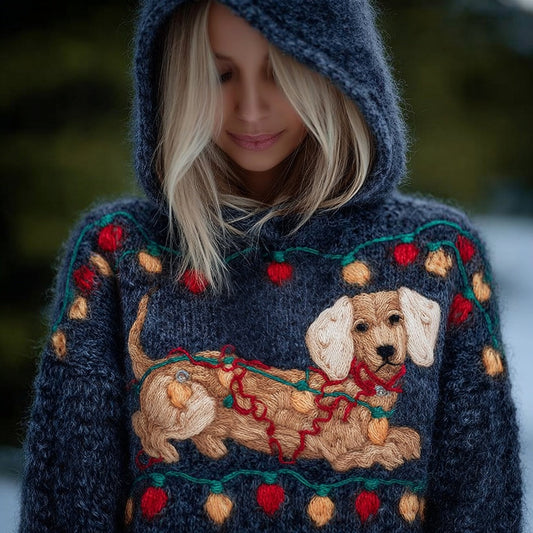Cute Christmas Lights Dog Cozy Hooded Sweater artswardrobe