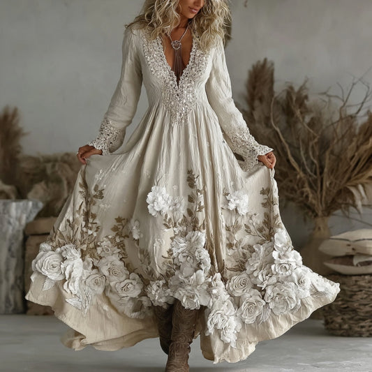 Women's Vintage Floral Embroidery Art Comfy Linen Maxi Dress artswardrobe