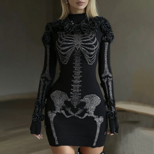 Comstylish Women's Vintage Halloween Skeleton Art Cozy Midi Dress