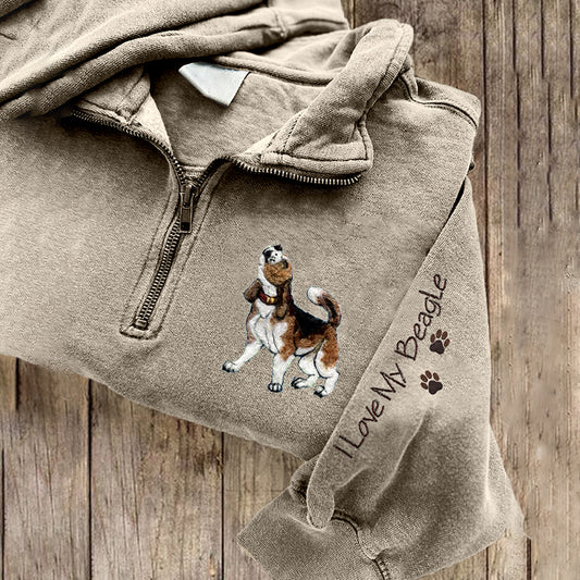 Comstylish Cute Beagle Embroidered Art Cozy Zipper Sweatshirt