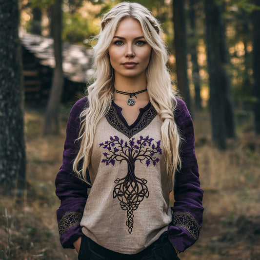 Women's Viking Tree Of Life Patchwork Art Linen Print Casual Shirt artswardrobe