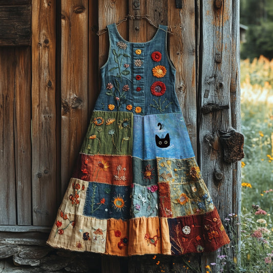 Comstylish Vintage Abstract Creative Cute Cat In Floral Art Embroidered Cozy Linen Midi Dress