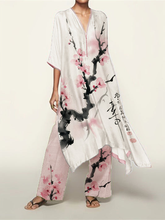 Japanese Cherry Blossom Ink Art Flowy Kaftan & Pants Set