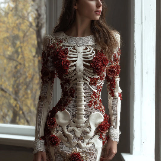 Women's Halloween Skeleton Flower Embroidered Lace Long Sleeve Dress artswardrobe