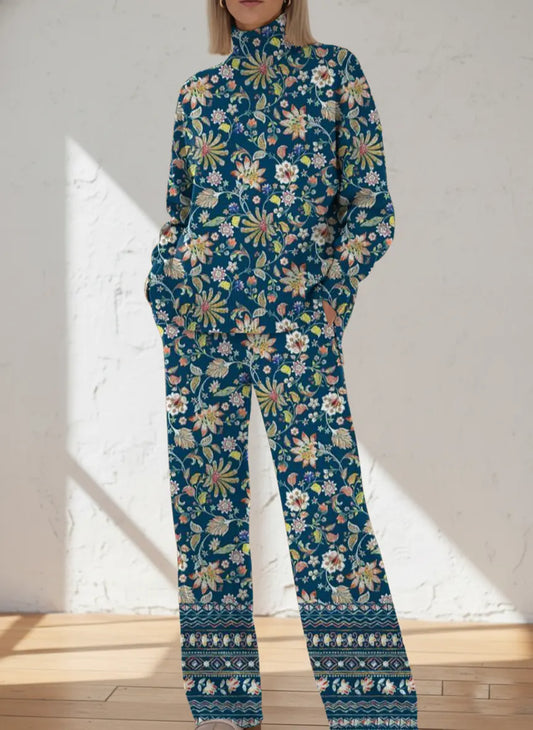 Women's Vintage Floral Pattern Art Print Casual Knitted Cotton Top Pants Suit