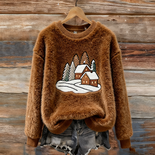 Comstylish Lady Christmas Winter Warmth Round Neck Flannel Sweatshirt