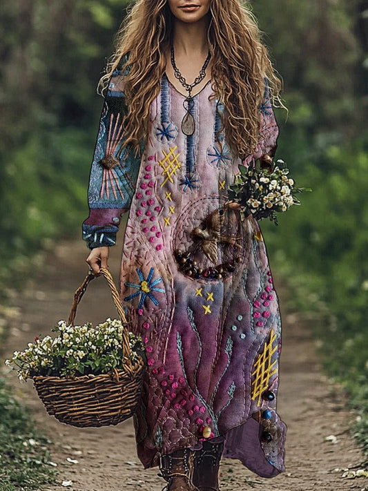 Stars & Birds Vintage Pattern Women's Flowy Maxi Dress artswardrobe
