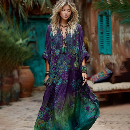 Vintage Classy Gradient Purple Floral Embroidered Linen Maxi Dress artswardrobe