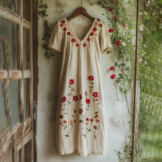 Women's Embroidered Flower V-neck Loose Linen Blend Midi Dress artswardrobe