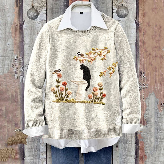 Women's Floral And Cat Knitted Cozy Sweater artswardrobe