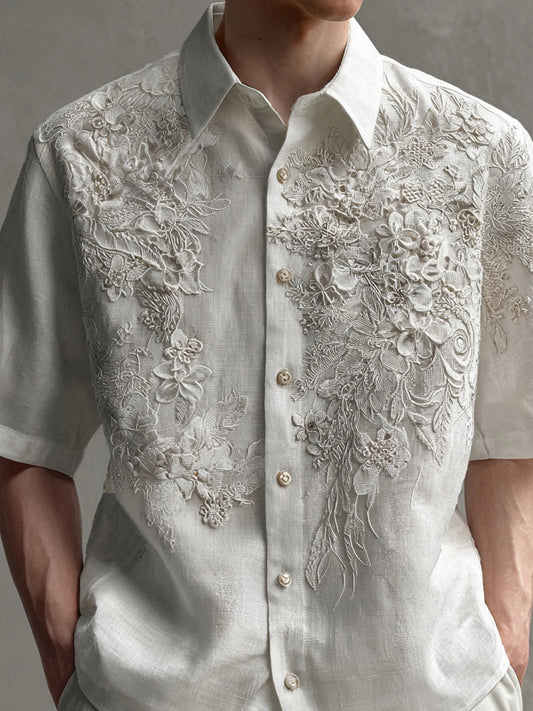 Men's Lace Flowers Embroidered Short Sleeve Linen Shirt artswardrobe