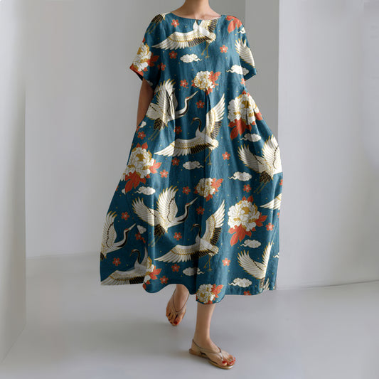 Comstylish Japanese Art Floral Crane Printed Loose Midi Dress
