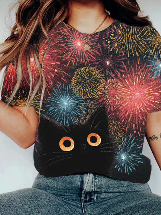 Comstylish Watching Fireworks" Cat Lady Short-sleeved Round-neck T-shirt