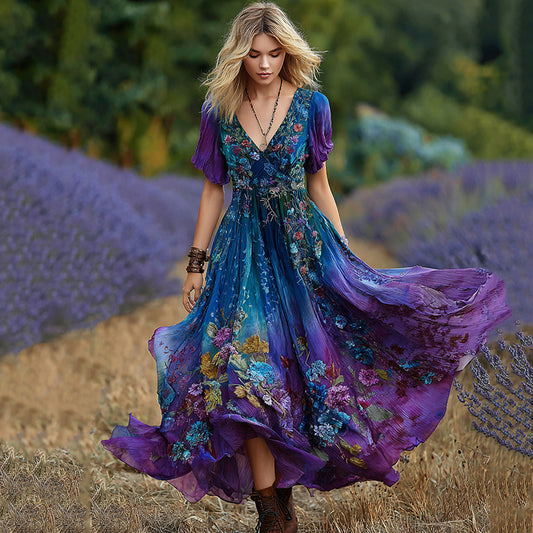 Vintage Purple And Blue Lavender Patchwork And Floral Embroidered Art Linen Maxi Dress artswardrobe