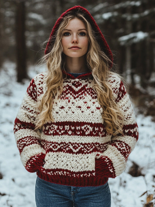 Women's Vintage Viking Valentine's Day Love Jacquard Hooded Sweater elevenforest