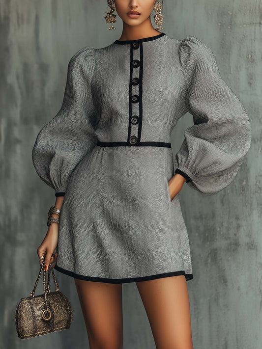 Gray Textured Mini Dress With Black Trim