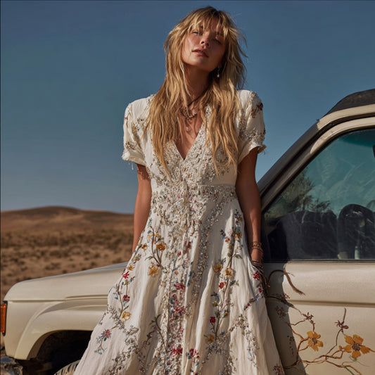 Bohemian-style Western Art Three-dimensional Embroidery Floral Beaded Embroidery V-neck Short-sleeved Long Dress artswardrobe