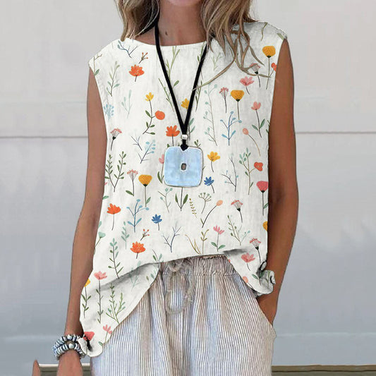 Comstylish Vintage Floral Art Printed Casual Sleeveless Top