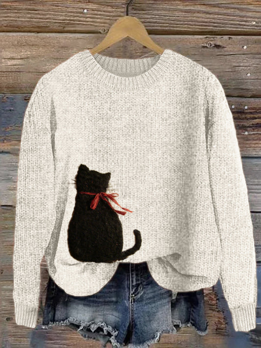 Comstylish Black Cat With Bow Knot Back View Felt Cozy Sweater
