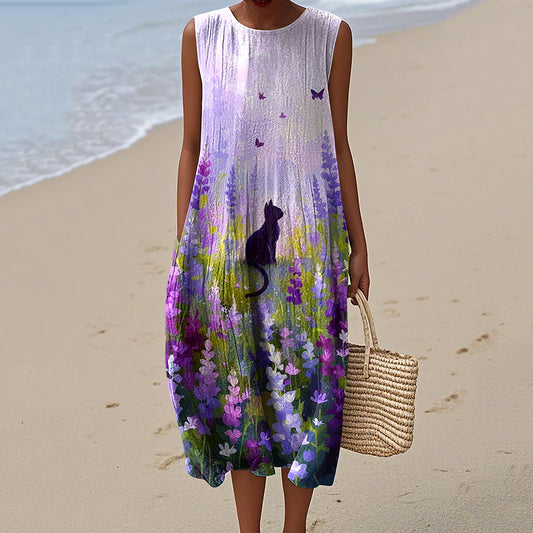 Women's Retro Purple Flowers Cat Art Linen Tank Dress