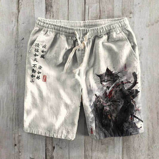 Japanese Samurai Cat Ink Painting Art Linen Blend Shorts elevenforest