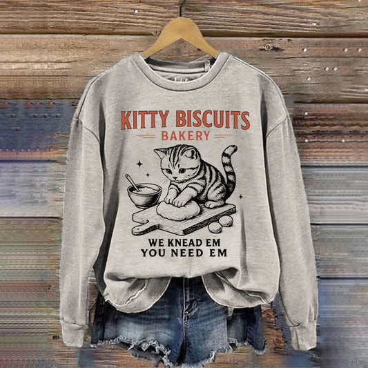 Women's  Cute Kitty Biscuits Bakery Print Sweatshirt elevenforest