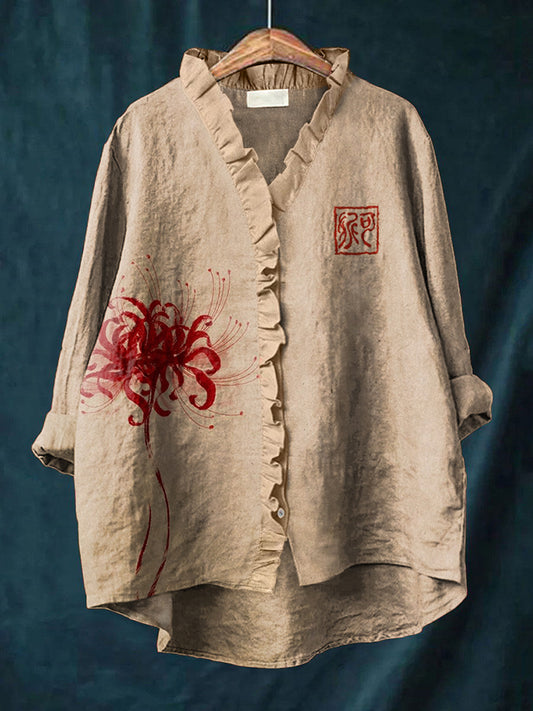 Comstylish Japanese Art Floral Print Linen Blend Ruffled Shirt