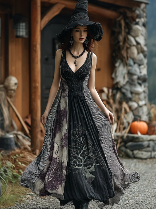 Comstylish Women's Dark Gothic Style Retro Cotton And Linen Dress