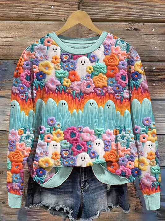Comstylish Ghost Floral Embroidery Pattern Casual Sweatshirt