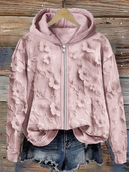 Comstylish 3d Floral Embroidered Lace Cozy Full Zip Hoodie