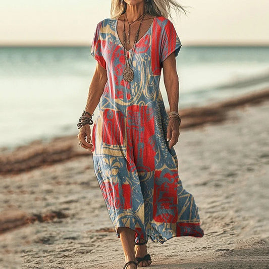 Women's Bohemian Ethnic Collage Art Casual Cotton And Linen Dress artswardrobe