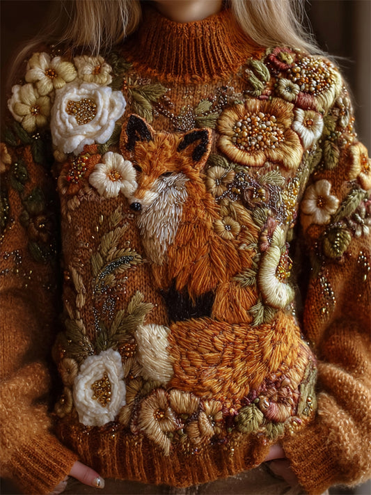 Fall Fox Floral Glitter Embroidered Turtleneck Cozy Knit Sweater artswardrobe