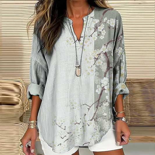 Comstylish Vintage Floral Art Printed V Neck Casual Shirt