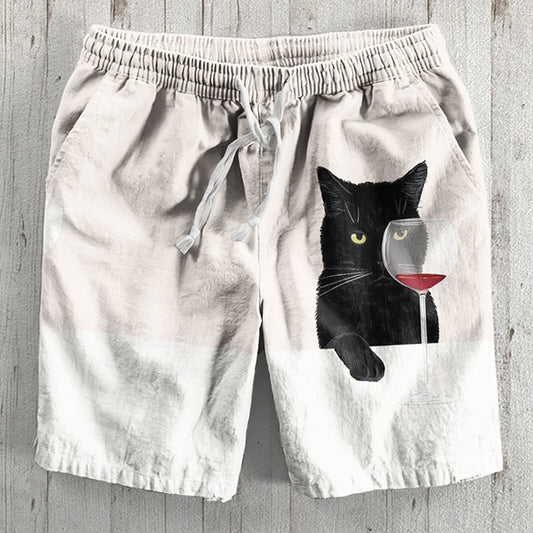 Men's Black Cat & Red Wine Art Pattern Casual Drawstring Cotton And Linen Shorts elevenforest