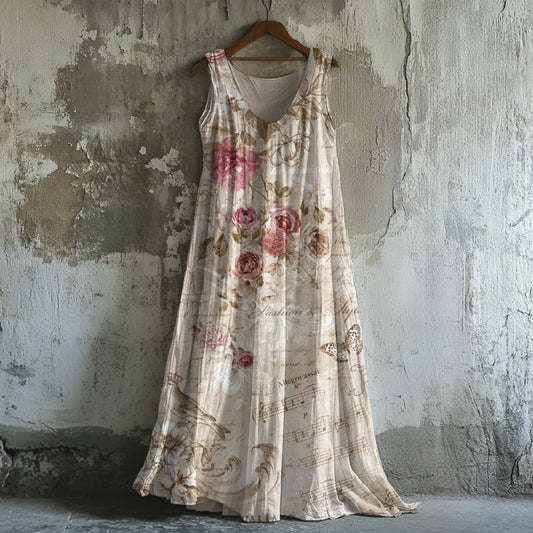 Vintage Oil Painting Rose Women's Linen Vest Dress artswardrobe