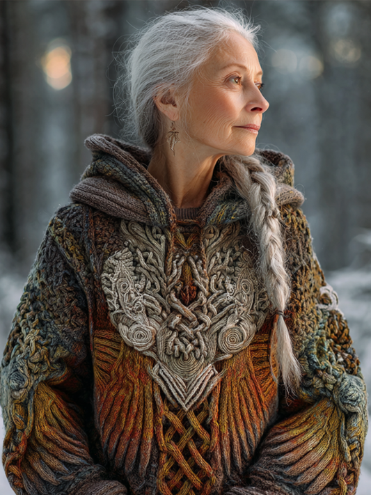 Women's Hooded Thick Sweater With Viking Style Tribal Totem elevenforest