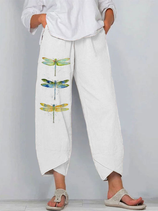 Comstylish Women's Casual Watercolor Dragonfly Cotton Blend Print Pants