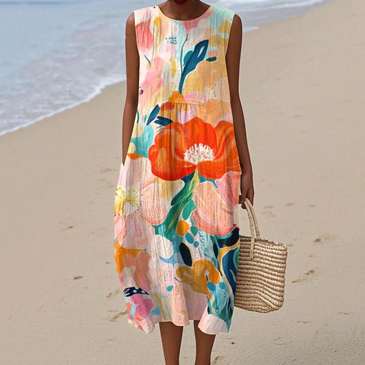 Women's Vintage Floral Print Sleeveless Casual Cotton Dress artswardrobe