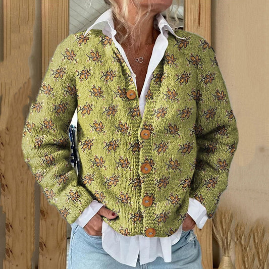 Autumn Leaf Print Long Sleeved Knitted Cardigan artswardrobe