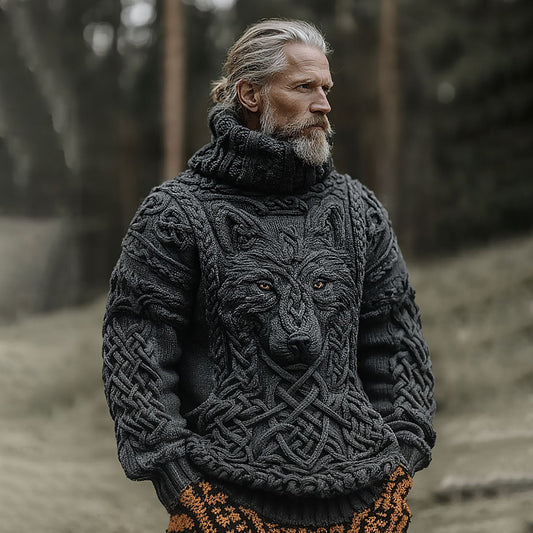 Men's Vintage Viking Wolf Pattern Knit Turtleneck Pullover Sweater elevenforest