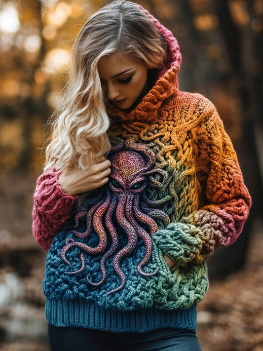 Cthulhu Ocean Octopus Women's Hooded Gradient Sweater elevenforest