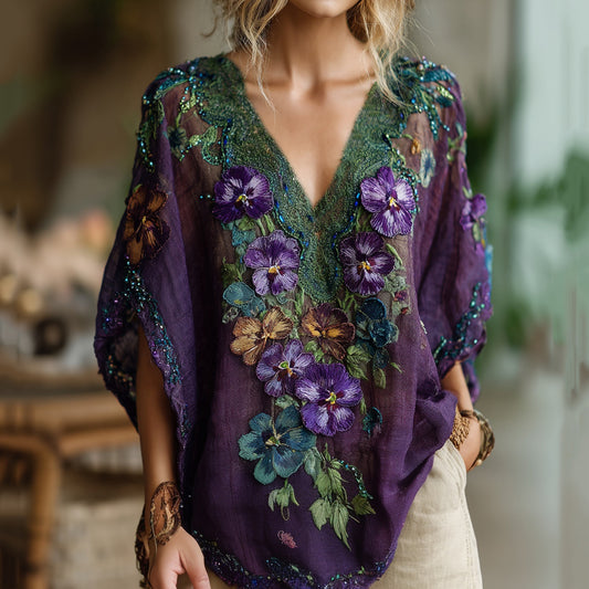 Women's Pansy Hand Embroidered Sequined Short Sleeve T-shirt artswardrobe