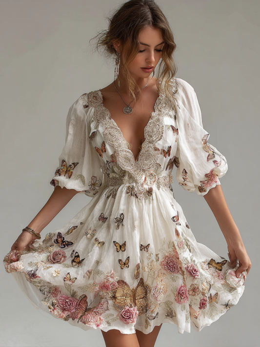 Comstylish Bohemian Style Plant Flower And Butterfly Pattern Embroidery Women's Cotton And Linen Dress