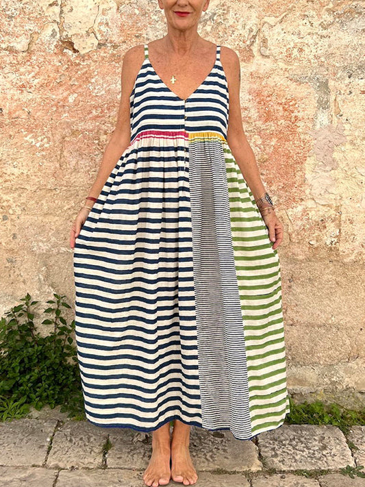 Contrast Color Striped Linen Blend Dress artswardrobe