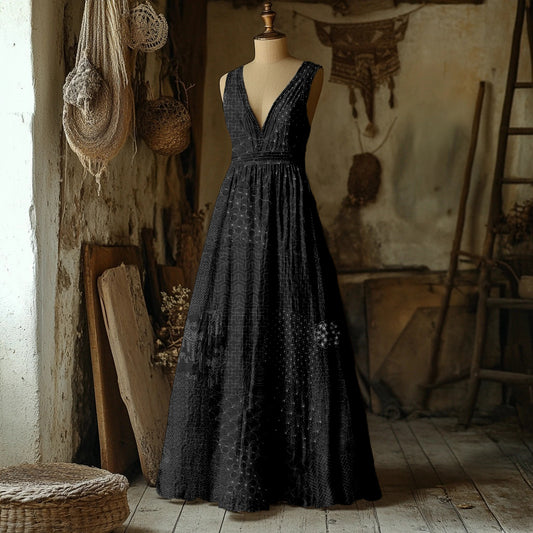 Comstylish Japanese Traditional Sashiko Art Linen Maxi Dress
