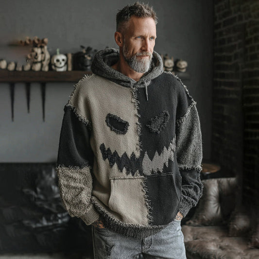Men's Halloween Spooky Face Colorblock Stitched Hooded Cozy Knit Sweater elevenforest